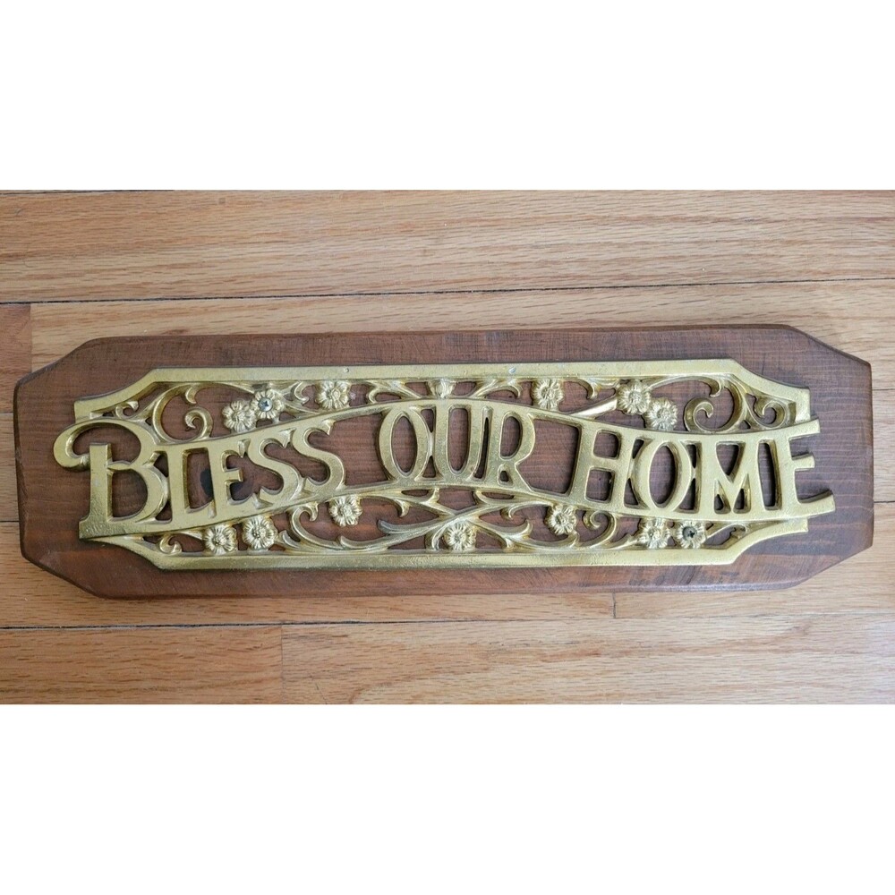Vintage Brass Bless Our Home Sign Farmhouse Cottage Style